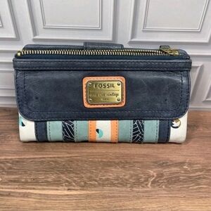 Fossil Long Live Vintage 1954 Blue Pink White Patchwork Leather Wallet‎ Clutch